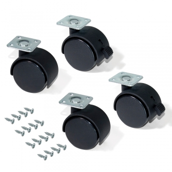 Roulettes pour caisson à tiroirs avec plétine de montage, D. 40 mm, Acier et plastique, Noir, 4 ut.