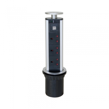 Tour de 3 prises avec 2 ports USB, à encastrer, escamotable, prise type G, Plastique, Gris métallisé