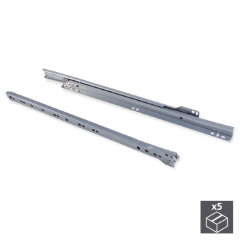Paire de coulisses à roulettes pour tiroirs, fermeture avec chute, 450 mm, sortie partielle, Gris métallisé, 5 ut.