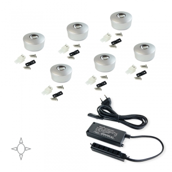 Spots LED intérieur des meubles, D. 29.5 mm, convertisseur 6 W, Lumière blanc natural, Plastique, gris métallisé, 6 ut.