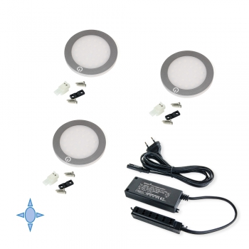 Spots LED, D. 68 mm, ultra plats, convertisseur 15 W, Lumière blanc froid, Aluminium et plastique, Gris métallisé, 3 ut.