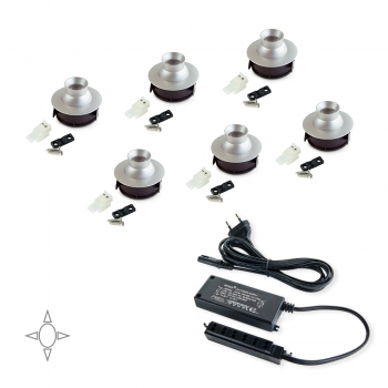 Spots LED, D. 33 mm, orientables, convertisseur 15 W, Lumière blanc natural, Aluminium, Anodisé mat, 6 ut.