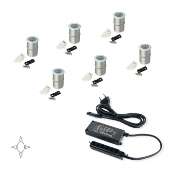 Spots LED, D. 18 mm, encastrables, convertisseur 15 W, Lumière blanc natural, Aluminium, Anodisé mat, 6 ut.
