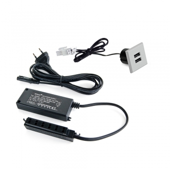 Connecteur carré, à encastrer au meuble, 2 ports USB, 37 mm, Plastique, Gris métallisé