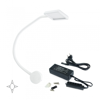 Applique LED, carré, col de cygne flexible, détecteur tactile, 2 USB, Lumière blanc naturel, Plastique, Blanc + convertisseur 30 W