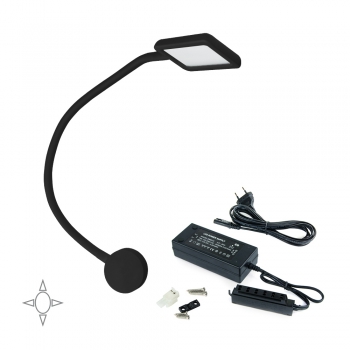 Applique LED, carré, col de cygne flexible, détecteur tactile, 2 USB, Lumière blanc naturel, Plastique, Noir + convertisseur 30 W