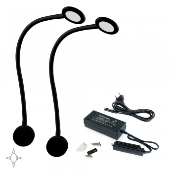 Applique LED, rond, col de cygne flexible, détecteur tactile, 2 USB, Lumière blanc naturel, Plastique, Noir + convertisseur 50W, 2 ut.
