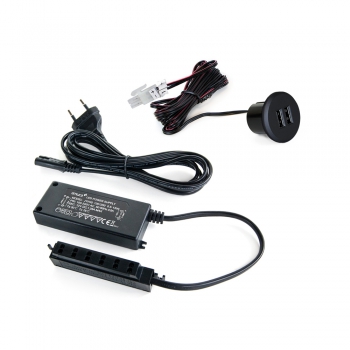 Connecteur rond, à encastrer au meuble, 2 ports USB, 37 mm, Plastique, Noir