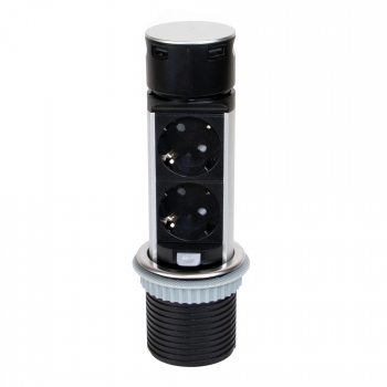 Tour de 2 prises avec 2 ports USB, à encastrer, escamotable, avec push, prise type Schuko, Acier et plastique, inox