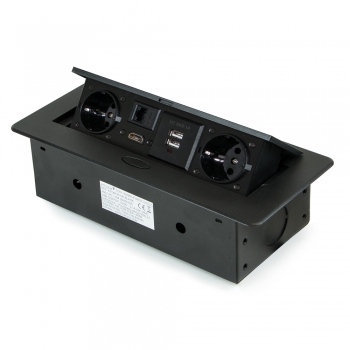 Multi-connecteur de table, 2 USB + 1 HDMI + 2 prises EU, 265 x 120 mm, Acier et aluminium, Noir