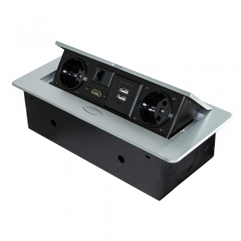 Multi-connecteur de table, 2 USB + 1 HDMI + 2 prises EU, 265 x 120 mm, Acier et aluminium, Couleur aluminium